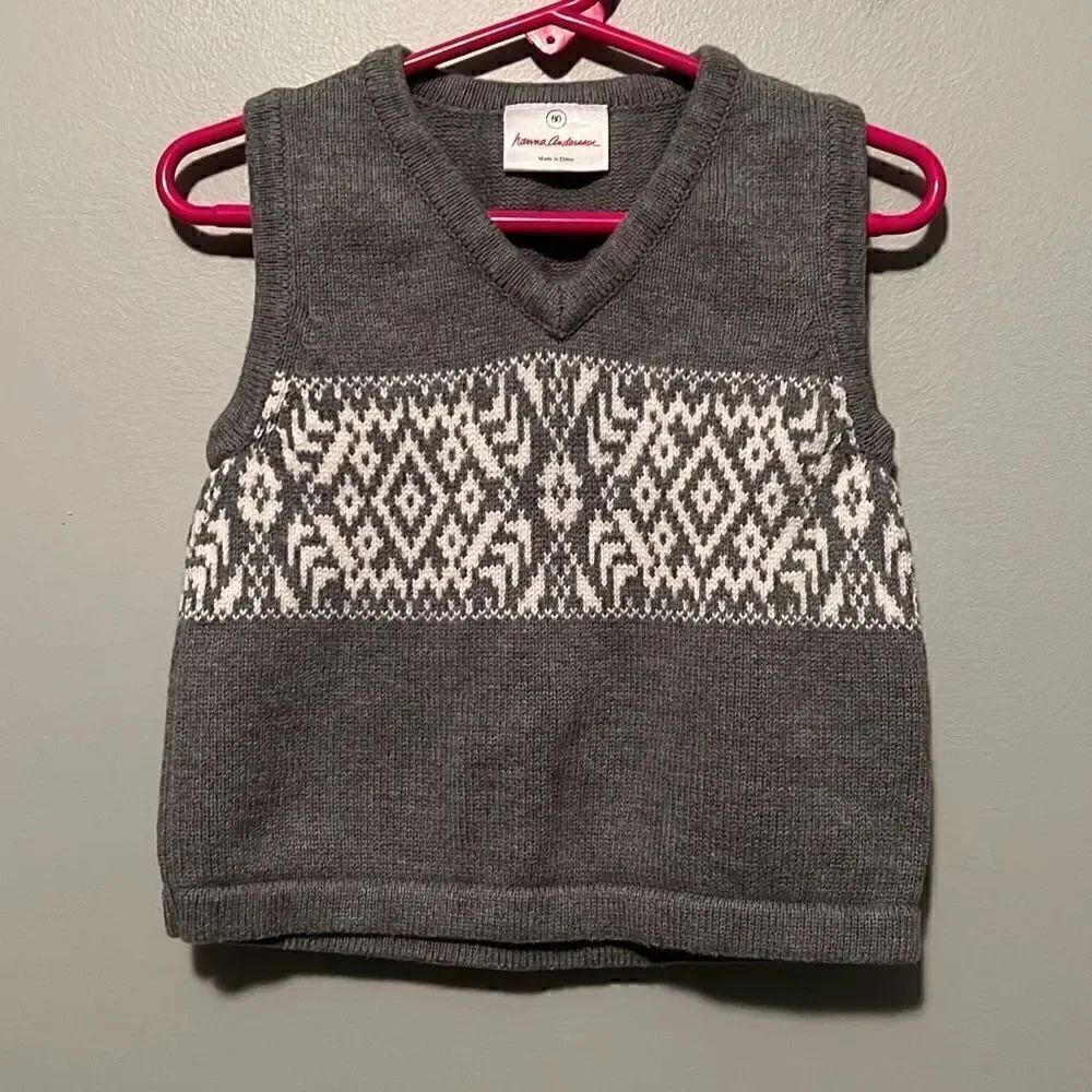 Hanna Andersson Kids' Gray White Knit V-Neck Sweater Vest